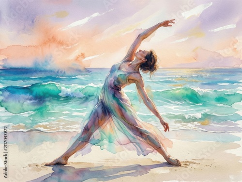 Watercolor Beach Dance Woman Stretching Sunset Ocean Waves Flowing Graceful Movement Artistic Expression