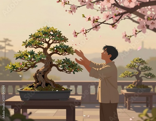 Young man admires cherry blossoms falling gently near bonsai tree on balcony during soft spring morning light