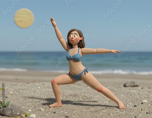 Clay figurine woman practicing yoga pose on sandy beach near ocean under sunny sky