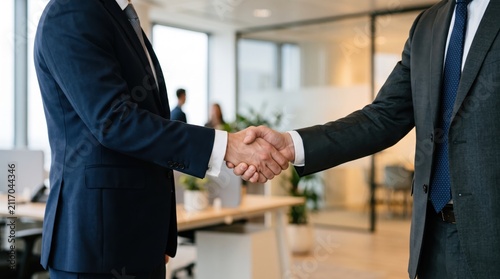 Two business professionals shaking hands in modern office environment wearing formal suits blue and gray ties white shirts colleagues working desks computers plants glass