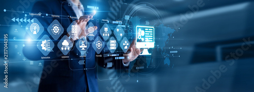 фотографія Software researcher touch virtual screen developing advanced code algorithms and logic structures