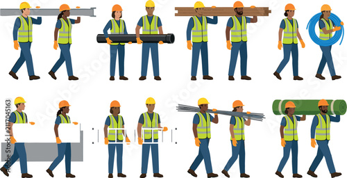 Bild auf Leinwand Industrial Construction Workers Character Asset Bundle Vector Featuring Flat Car