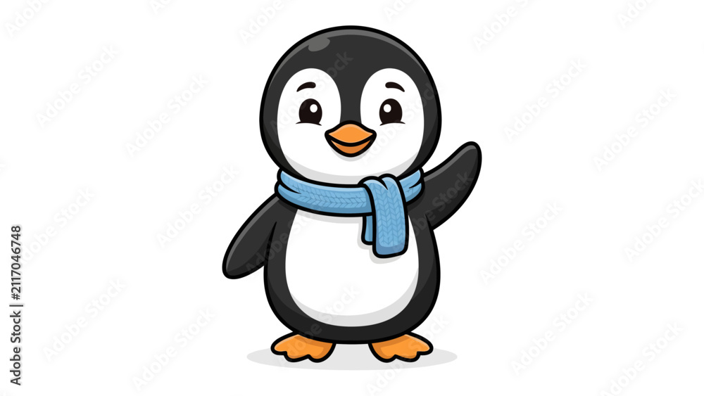 Fototapeta premium Cute Penguin Waving Hello: A charming cartoon penguin, adorned with a blue scarf, stands and waves its flipper, exuding friendliness and warmth.