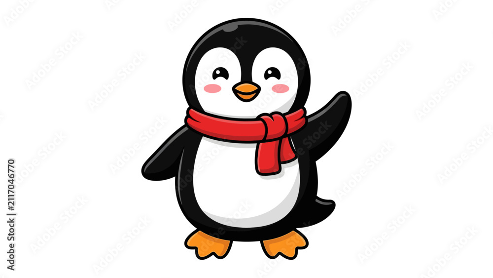 Obraz premium Cute Penguin Waving Hello: A charming cartoon penguin wearing a red scarf waves its flipper, offering a friendly greeting with its cheerful expression.