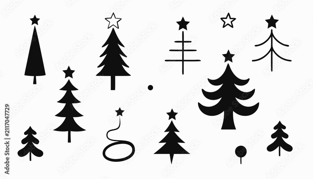 Fototapeta premium Minimalist hand drawn christmas tree collection with displays collection various minimalist evergreen tree illustrations drawn simple black ink style clean white background