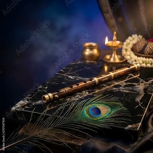 Traditional indian bansuri flute with peacock feather and oil lamp on marble surface