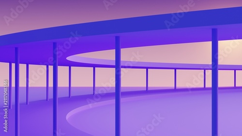 Purple elevated curved ramp structure stands on slender pillars in a sleek minimalist 3D illustration style against a sunset gradient sky landscape, symbolizing future path and connection.