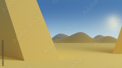 Yellow stepped pyramid structures stand in a smooth minimalist 3D illustration style across a desert dune landscape with bright sun, symbolizing milestone, growth, and product display copy space.