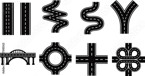 Road elements vector set highway intersection and bridge icon collection.