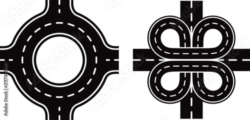Roundabout and cloverleaf highway interchange vector icon set.