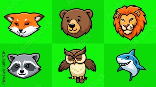 Cute Cartoon Animal Icons Pack on Green Screen