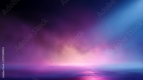 星空の下の波間に漂う青と紫色の霧の風景