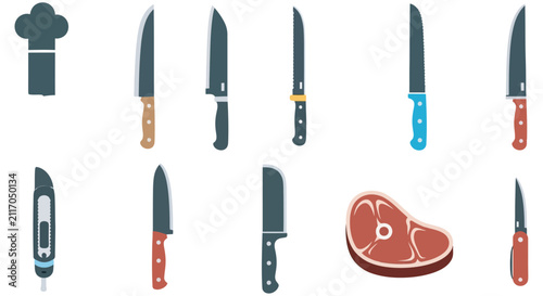 Assorted Kitchen Knives And Raw Steak Flat Vector Illustration On White Background