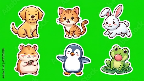 Cute Cartoon Animal Stickers on Green Screen Chroma Key