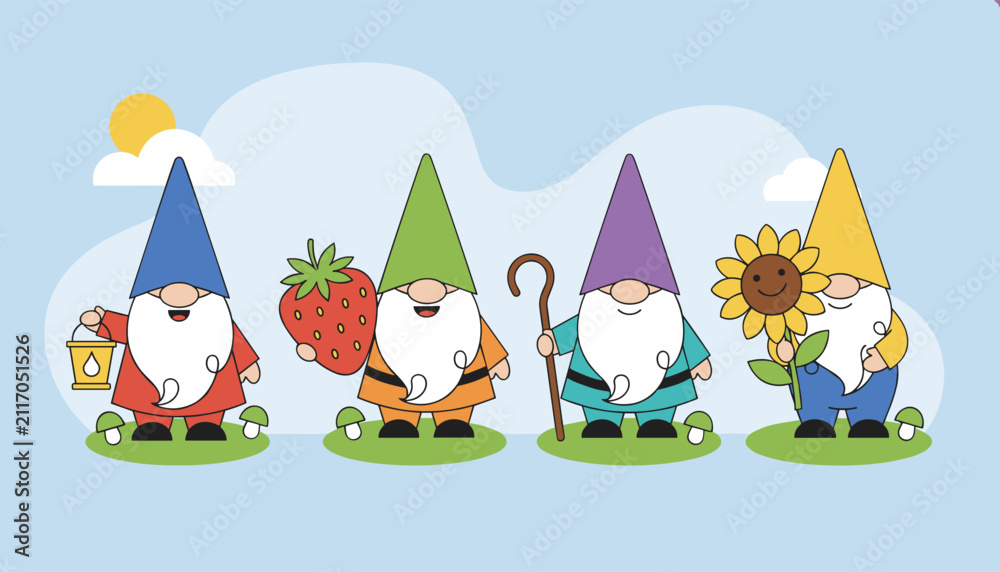 Fototapeta premium Four colorful garden gnomes standing in a row holding a lantern, a strawberry, a staff, and a sunflower in the sun.