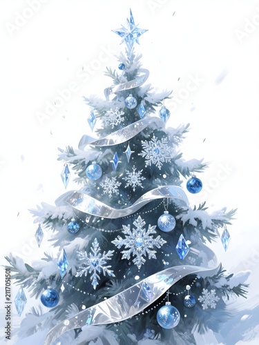 Enchanted Winter Brush Christmas Tree with Ice Crystal and Snowflake Decorations