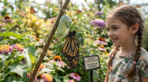 Young Girl Watching Monarch Butterfly in Flower Garden