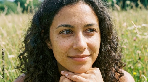 Woman with curly hair in a natural outdoor setting.