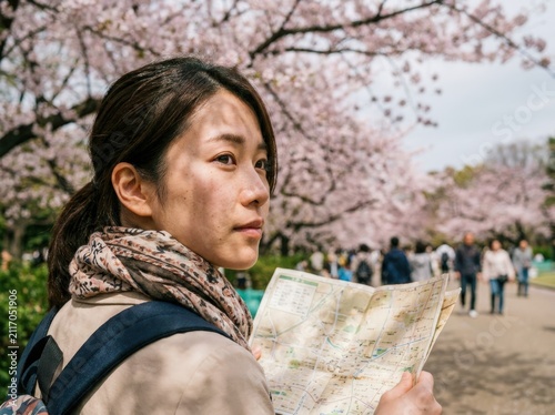 Woman with map under cherry blossom trees.