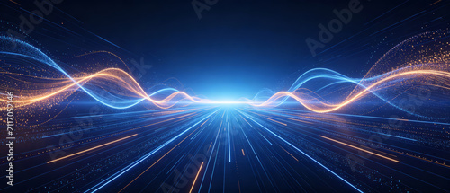 Abstract Light Waves and Digital Data Flow in Blue and Orange Tones