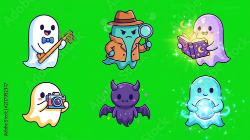 Cute Halloween Ghost Character Pack on Green Screen Chroma Key
