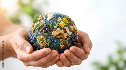 Hands holding a globe made of various healthy foods representing global food security and sustainable nutrition