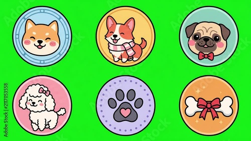 Cute Dog Breed Icons Animation on Green Screen