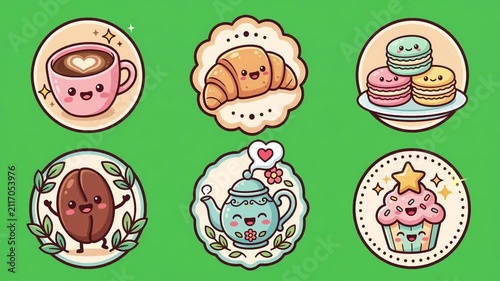 Cute Kawaii Cafe Sticker Set Animated on Green Screen