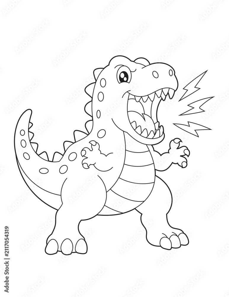 Fototapeta premium Printable Roaring T-Rex Dinosaur Coloring Sheet. Cute Cartoon Prehistoric Animal Activity for Kids Ages 3–8.