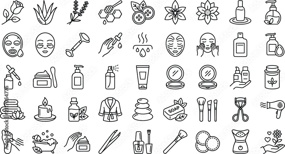 Fototapeta premium Holistic Organic Skincare and Beauty Salon Thin Line Art Icon Big Bundle Featuring Botanical Extracts Face Masks Luxury Spa Massages and Cosmetic Accessory Vectors