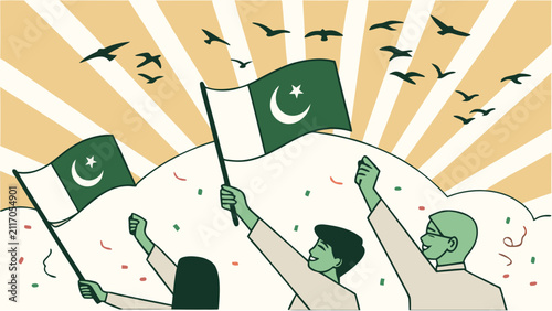 Obraz na plátně Illustrated crowd celebrating unity under national flags with confetti with evok