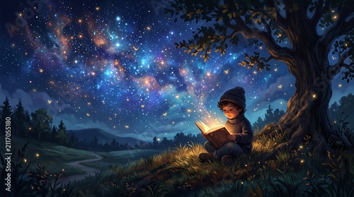 A whimsical illustration of a small child sitting under a large tree at night, reading a magical glowing book beneath a brilliant, star-filled cosmic galaxy sky.