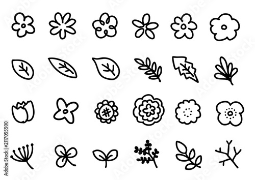 花　葉　植物　手書き　落書き　イラスト　セット