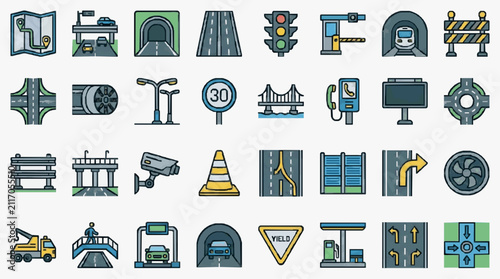 Industrial Flat Set of Road Traffic and Transportation Infrastructure Icons in Monochrome and Bright Colors