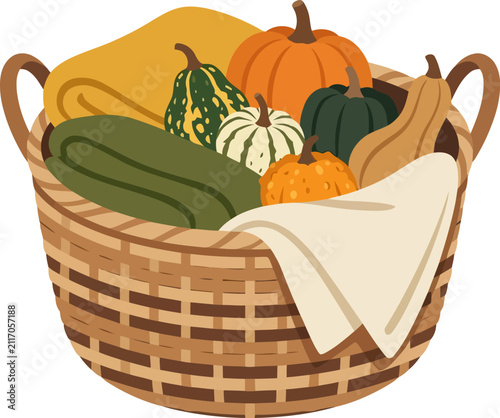 Fotografie Wicker basket with pumpkins and blankets