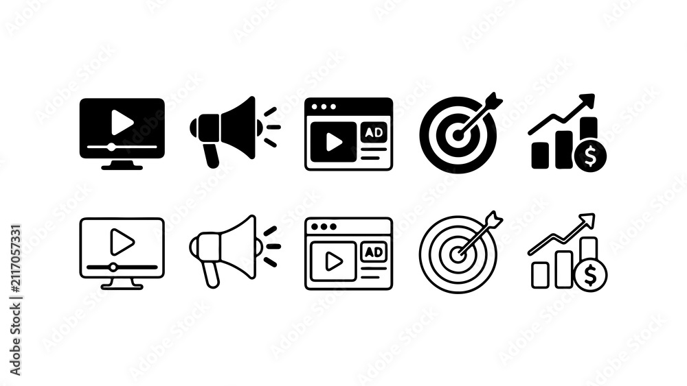 Obraz premium Digital Marketing Icon Set in Solid Silhouette and Outline Vector Style