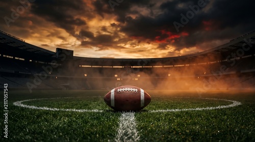 American football on field at sunset with dramatic sky