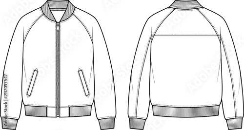 Unisex bomber jacket technical flat sketch template front and back view vector illustration