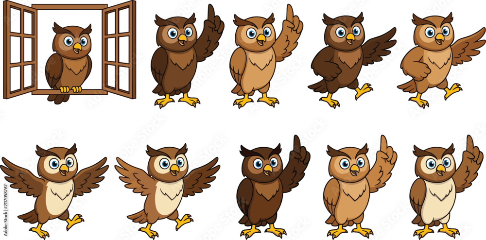Fototapeta premium Cute cartoon owl character set showing different poses waving flying pointing and sitting in window