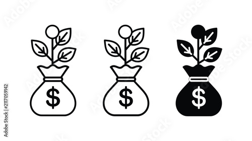 Investment icon vector set showing money bag growth with business