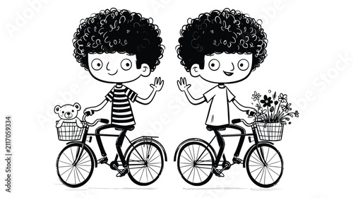 Bicycle icon illustration drawing cute boys riding cycling