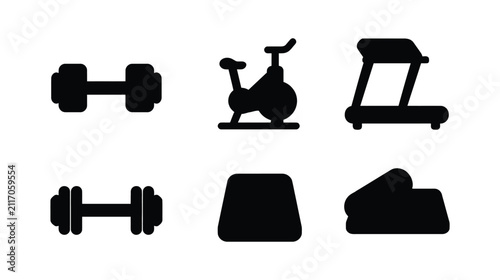 Gym icon vector set featuring fitness training exercise equipment