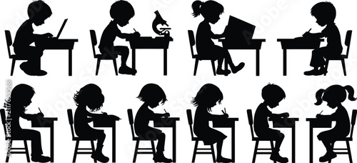 Students silhouette icon set showing children studying at desks