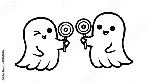 Ghost vector drawing featuring two cute spirits holding candy