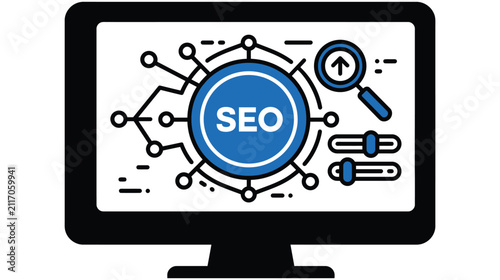 Seo vector icon representing search engine optimization monitor