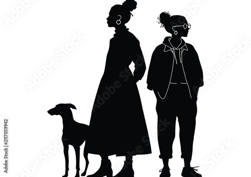 Silhouette vector illustration of two fashionable women dog