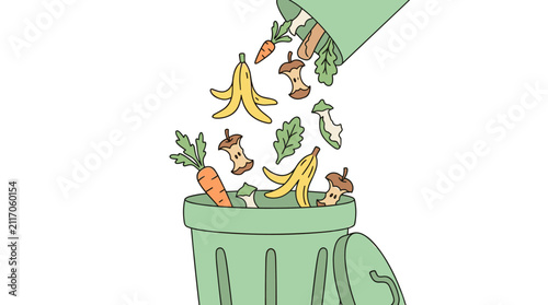 Green Compost Bin Overflowing with Organic Food Scraps, Banana Peels, Apple Cores, and Carrot Tops, Flat Illustration Style, Waste Reduction Concept