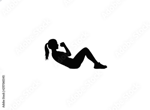 Woman doing bicycle crunches exercise, silhouette vector illustration