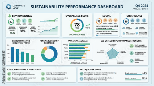 Sustainability dashboard displays key environmental, social, and governance performance metrics with annual report data visualization for corporate strategic planning.