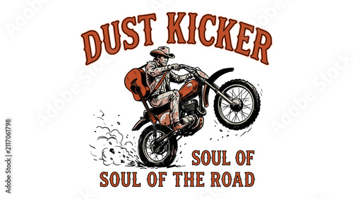 Fotografie Vintage Cowboy Musician Biker Riding Dirt Bike with Guitar Soul of the Road Illu